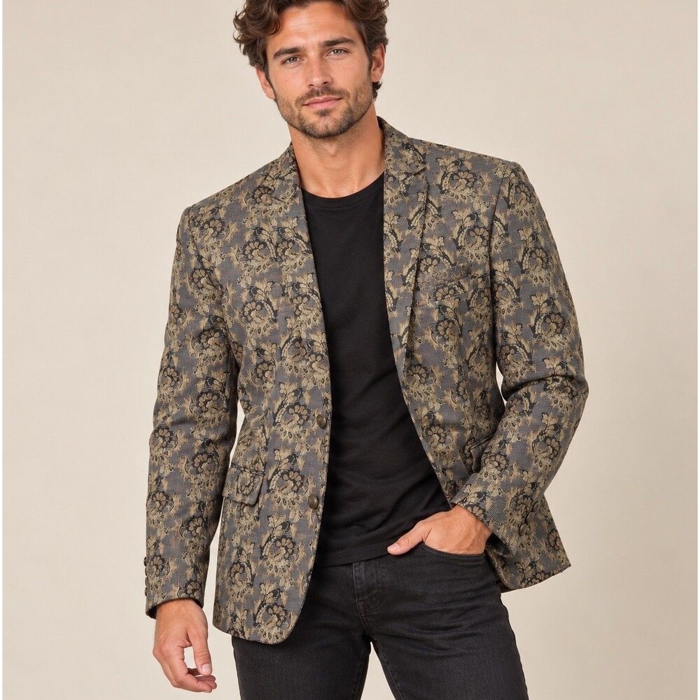 Tallia Mens Blazer 44R Gold Black Floral Jacquard Paisley Lined Sport Coat